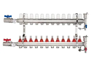 Hydronic Radiant Floor Heating Manifold Brass - 12 Loops 1" & 1/2" NPT For Drive Way Snow Melt and Floor Heating