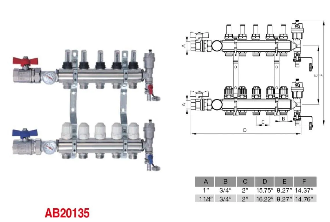 Hydronic Radiant Heating Manifold Brass - 8 Loops 1" & 1/2" NPT