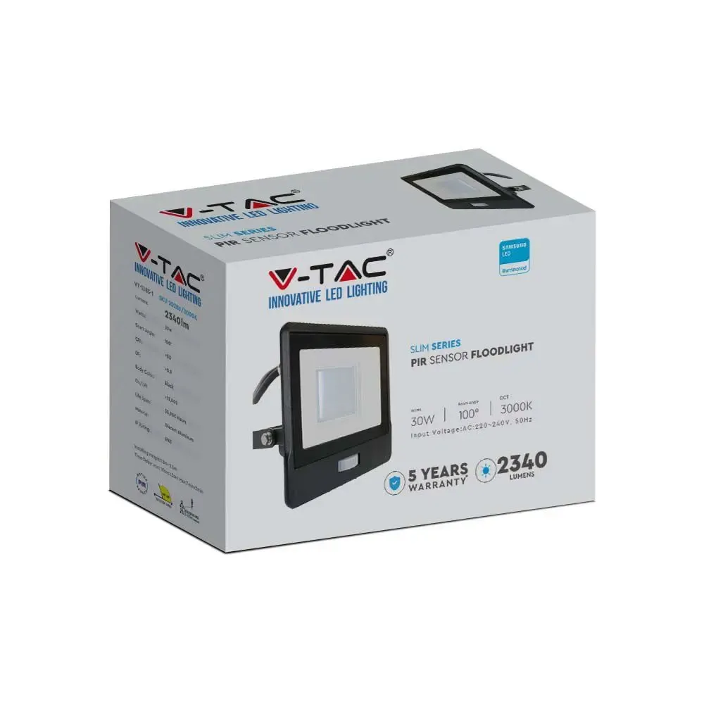V-Tac 30W LED Floodlight Daylight PIR Samsung Chip 6500K- Black