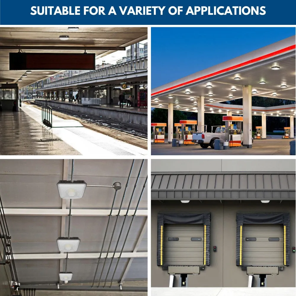 White LED Canopy Light with Emergency Battery Backup - 63W/45W/30W Selectable - 5000K/4000K - 9,360 LM - Dimmable - 120-277V - 150W Equal