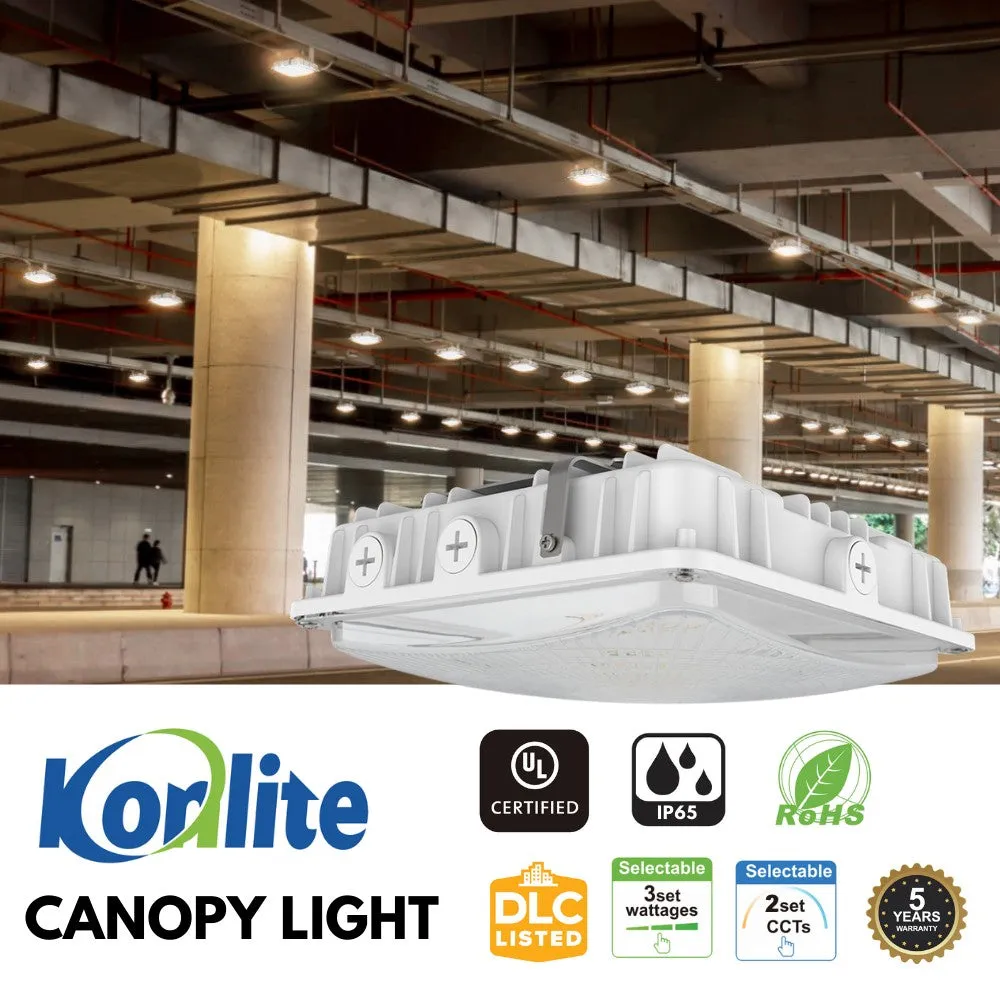 White LED Canopy Light with Emergency Battery Backup - 63W/45W/30W Selectable - 5000K/4000K - 9,360 LM - Dimmable - 120-277V - 150W Equal