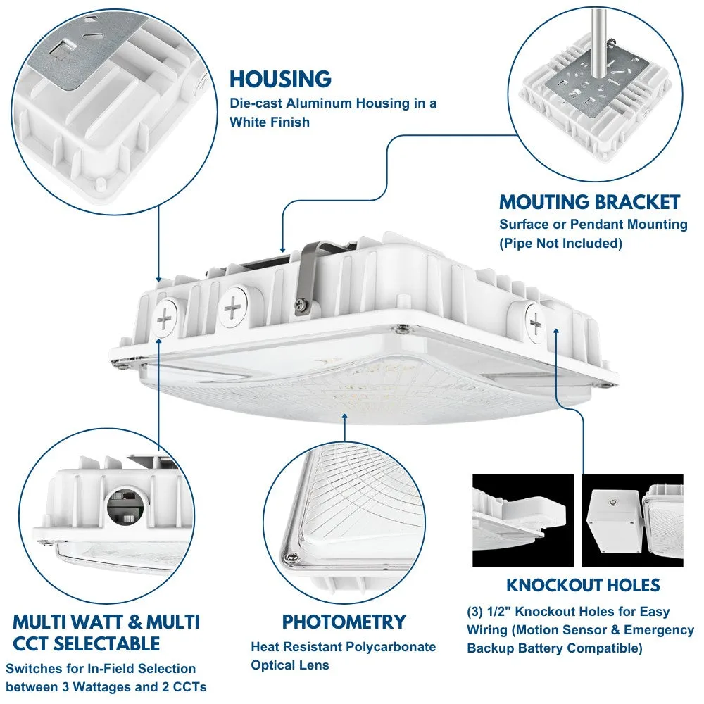 White LED Canopy Light with Emergency Battery Backup - 63W/45W/30W Selectable - 5000K/4000K - 9,360 LM - Dimmable - 120-277V - 150W Equal