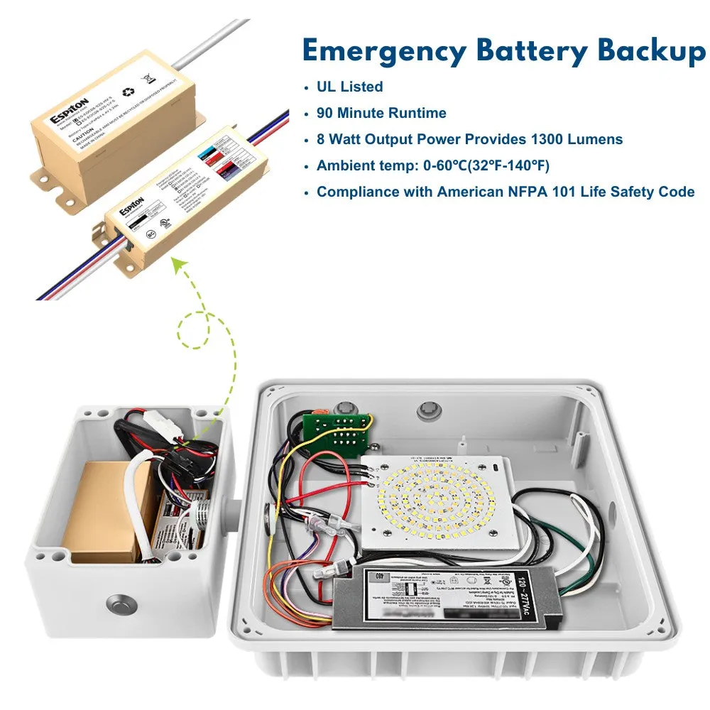 White LED Canopy Light with Emergency Battery Backup - 63W/45W/30W Selectable - 5000K/4000K - 9,360 LM - Dimmable - 120-277V - 150W Equal