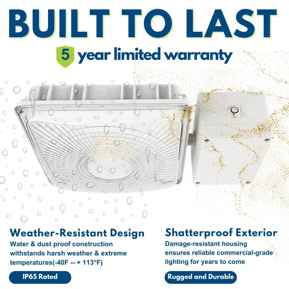 White LED Canopy Light with Emergency Battery Backup - 63W/45W/30W Selectable - 5000K/4000K - 9,360 LM - Dimmable - 120-277V - 150W Equal