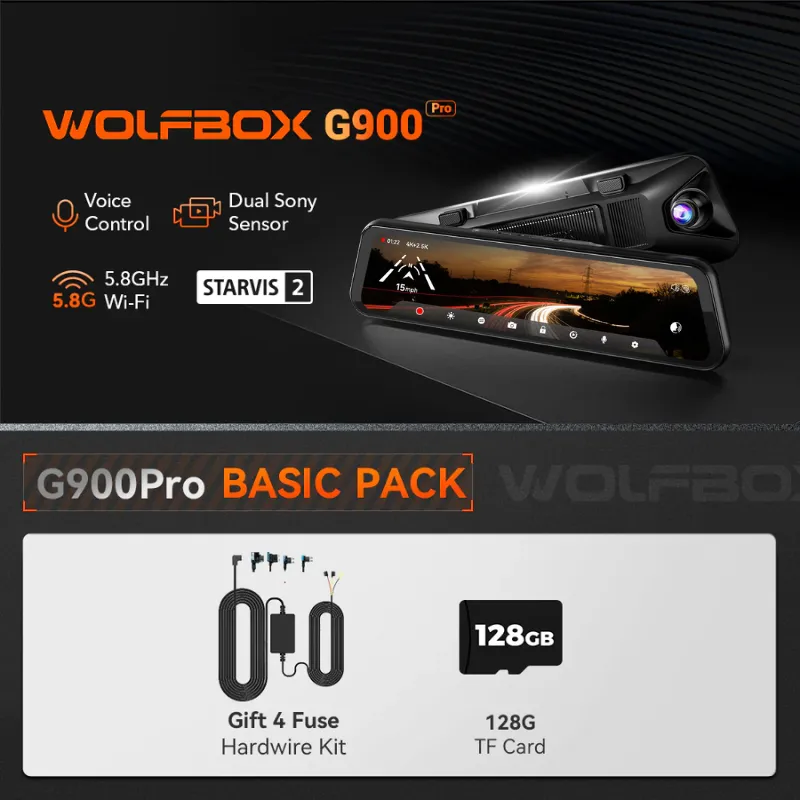 WOLFBOX G900Pro 12MP WiFi Touch Screen Rear View Mirror Dash Cam Smart Mirror