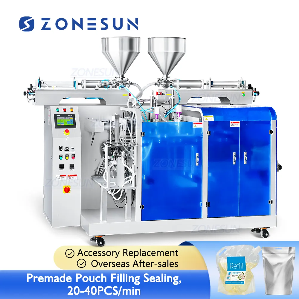 ZONESUN ZS-AFS03 Double Heads Automatic Premade Pouch Bag Sachet Doypack Paste Liquid Filling Sealing Machine For Cosmetic Cream Laundry Detergent Refill